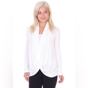 Francesca’s Ivory White Wrap-Front Surplice Drapey Scarf Long Sleeve Knit Top